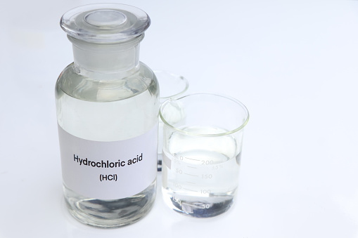 Hydrochloric acid in containers, Hazardous chemicals and raw material, chemical in industry or laboratory