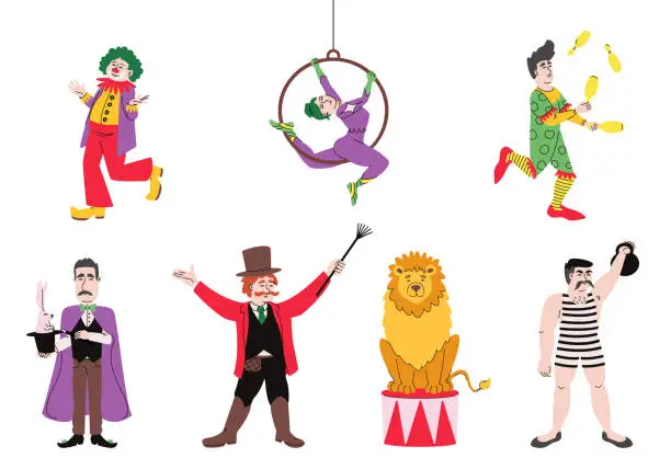 Vector illustration of Set of different circus characters.