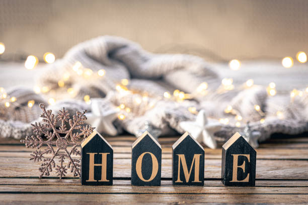 istock Cozy background with decorative word Home on a blurred background with garland. 1816290006