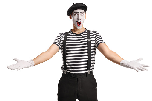 Cheerful mime gesturing welcome isolated on white background