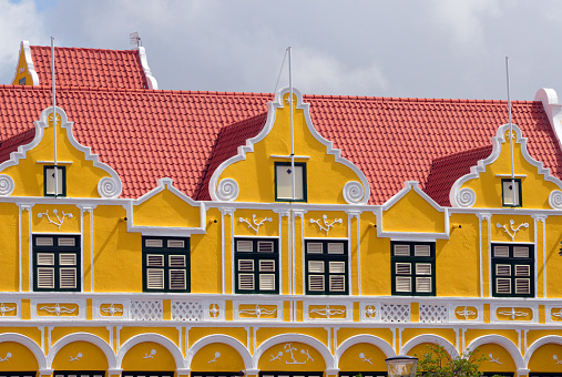 Willemstad, Curaçao, Kingdom of the Netherlands: ornate 18th century colonial architecture in Punda - façade with gables.
