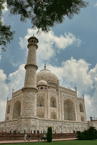 Taj Mahal (Crown of the Palace) a white marble mausoleum on  the bank of the river Yamuna in Agra, Uttar Pradesh. It was built by the Mughal emperor Shah Jahan for his beloved wife Mumtaz