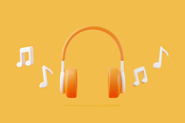 istock Cartoon headphones and melody note flying on orange background 1816314611