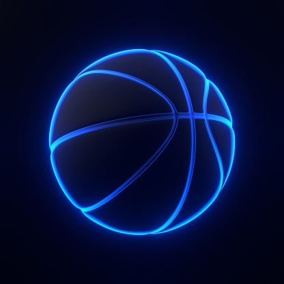Basketball ball with bright glowing futuristic blue neon lights on black background. 3D icon, sign and symbol. Cartoon minimal style. 3D render illustration