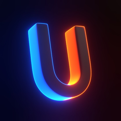 Magnet with bright glowing futuristic blue and orange neon lights on black background. 3D icon, sign and symbol. Cartoon minimal style. 3D render illustration