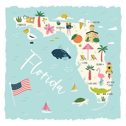 Colorful illustrated map of Florida state, USA, with animals, famous symbols, landmarks. Vector illustration for travel banners, posters, books, graphic prints