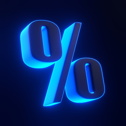 Percentage symbol with bright glowing futuristic blue neon lights on black background. 3D icon, sign and symbol. Cartoon minimal style. 3D render illustration