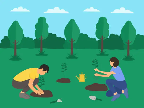 Vector illustration of Young Man And Woman Planting Seedlings. Reforestation, Environmental Conservation, Taking Care Of Planet And Nature