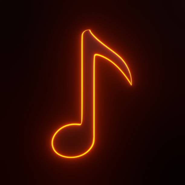 Music note with bright glowing futuristic orange neon lights on black background Music note with bright glowing futuristic orange neon lights on black background. 3D icon, sign and symbol. Front view. 3D render illustration neon music notes stock pictures, royalty-free photos & images
