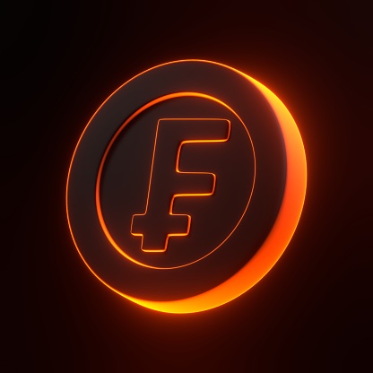 Coin with franc with bright glowing futuristic orange neon lights on black background. 3D icon, sign and symbol. Cartoon minimal style. 3D Rendering Illustration