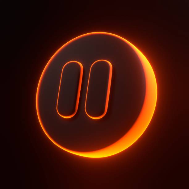 istock Round pause button with bright glowing futuristic orange neon lights on black background 1816325974