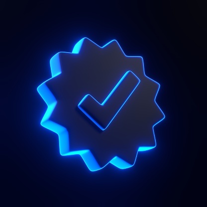 Verify check icon with bright glowing futuristic blue neon lights on black background. 3D icon, sign and symbol. Cartoon minimal style. 3D render illustration