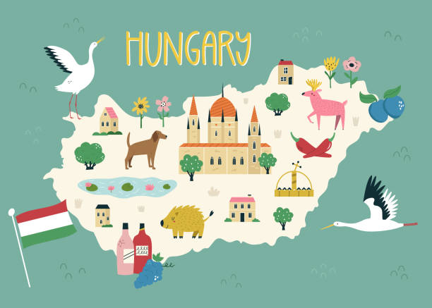 Colorful illustrated map of Hungary with animals, famous symbols, landmarks, Budapest parliament. Colorful illustrated map of Hungary with animals, famous symbols, landmarks, Budapest parliament. Vector illustration for travel banners, posters, books, graphic prints lake balaton stock illustrations