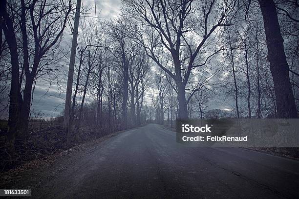 Ponure Road W Czasie Jesieni Chłodny Dzień - zdjęcia stockowe i więcej obrazów Ciemny - Ciemny, Droga, Bezlistne drzewo