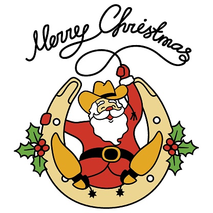 Santa cowboy christmas . Vector Santa with cowboy boots and western hat sit on horseshoe decorated holly berry and hold lasso christmas text.