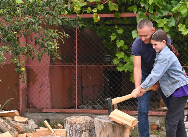 istock Father teaches daughter to chop wood 1816338902