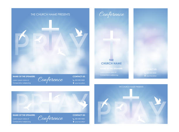 Church vector flyer. Christian religious Pray design. Church flyer. Celebrate the Risen Savior. Christian cross Church conference flyer social media post web banner. church-background stock illustrations