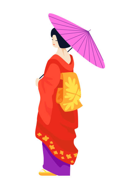 Geisha with umbrella - modern flat design style single isolated image Geisha with umbrella - modern flat design style single isolated image. Neat detailed illustration of Japanese girl dressed in a red kimono and holding an accessory in her hands. Traditional clothing modern geisha stock illustrations