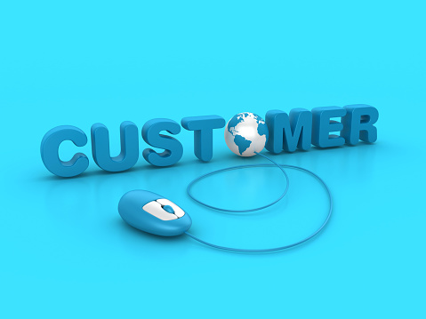 3D Word Customer with Globe World Map and Computer Mouse - Color Background - 3D Rendering