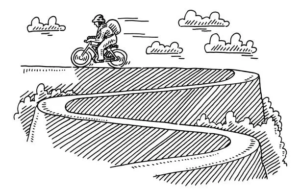 Vector illustration of Cyclist Riding S-Curve Path Drawing