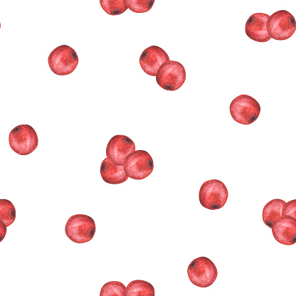 Watercolor painted red berries seamless pattern, holly berry or cranberries, kalina or rowan. Christmas, New year illustration for packaging, wrapping paper, wallpaper. Isolated on white background.