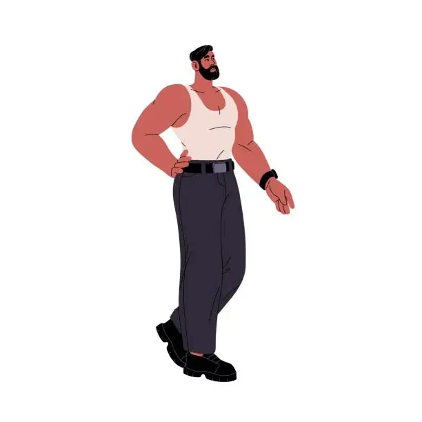 Vector illustration of Business muscular man with athletic arms. Bearded bodybuilder with strong body, sturdy figure. Serious businessman in trousers. Sport lifestyle. Flat isolated vector illustration on white background