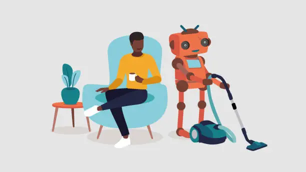 Vector illustration of A person is relaxing in a chair while a robot is cleaning the house - artificial intelligence concept