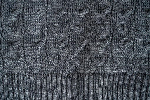 Gray knitted pattern, close-up, full frame fabric background