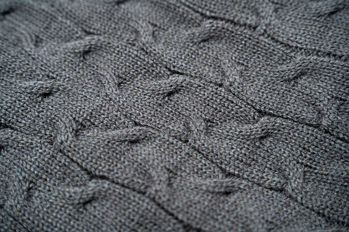 Close up above view of light blue soft wool knitted wool blanket background.