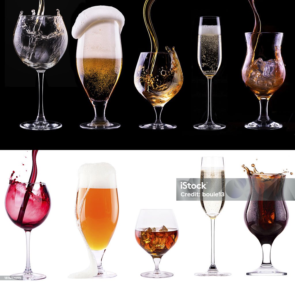 different images of alcohol different images of alcohol  - beer, martini, cola, champagne, wine, juice, scotch, whiskey Addiction Stock Photo