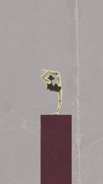 istock Young flexible girl, acrobat training, doing gymnastics exercise over abstract background. Contemporary art collage. Photo copy texture, noise effect 1816429239