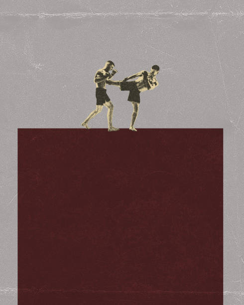 istock Two men, professional athletes, fighters in motion, training over abstract background. MMA, martial arts. Contemporary art collage. Photo copy texture, noise effect 1816429249