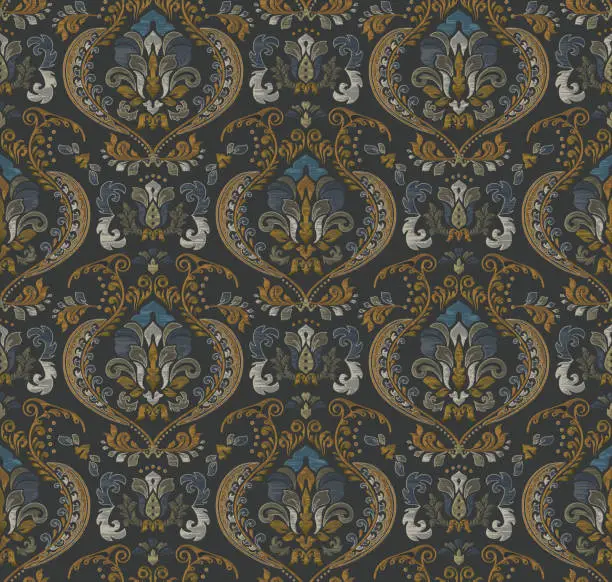 Vector illustration of Blue And Gold Victorian Damask Luxury Decorative Fabric Pattern