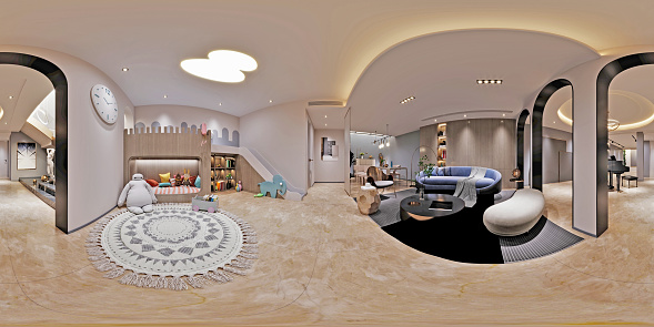 360 degrees living room, 3d render virtual reality view.