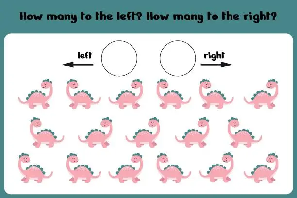 Vector illustration of Count how many dinos go to the right and left Logical game for children Left-right. Training sheet.  Vector illustration
