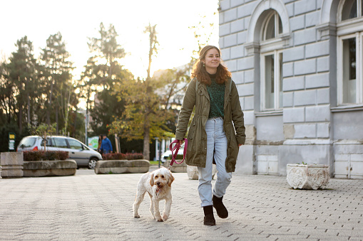 Young woman walking with her soft coated wheaten terrier dog on a street. About 25 years old, Caucasian female.