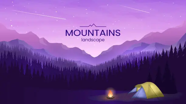 Vector illustration of Night landscape. Mountains, forest and starry sky. Tent and bonfire.