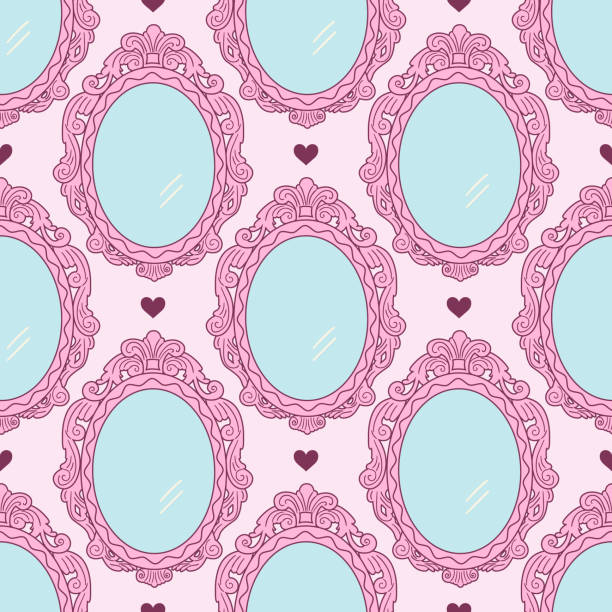 ilustrações de stock, clip art, desenhos animados e ícones de seamless vector pattern with pink vintage mirror - baroque style wallpaper pink retro revival