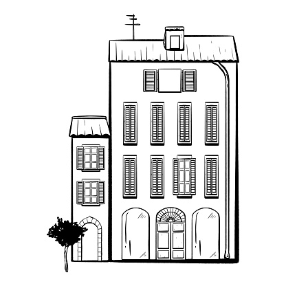 ink vector. Italian. Exterior sketch a street. entryways, windows with shutters chimneys and an antenna. Trees. Perfect for brochures travel imagery real estate and agency promotions