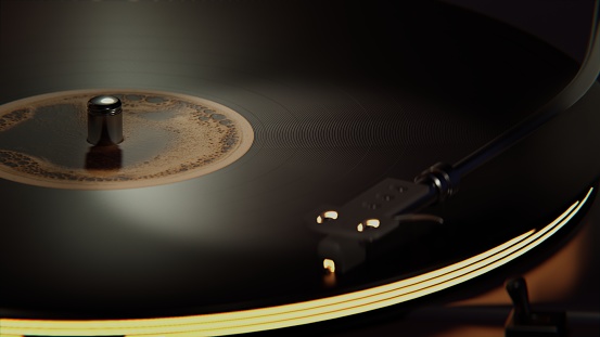 Background image 3d render. Vinyl player close up. Vintage music record player isolated on dof background