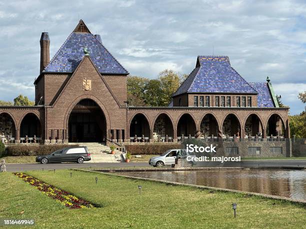 Building Of The Mortuary In Debrecen City Hungary Stock Photo - Download Image Now - Arch - Architectural Feature, Autumn, Brick