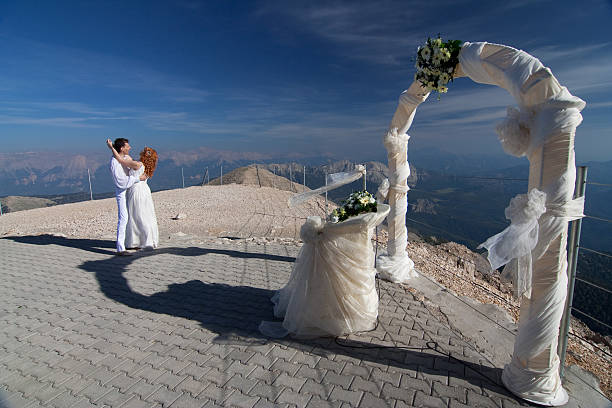 istock Newlyweds pose near the wedding arch 181647509