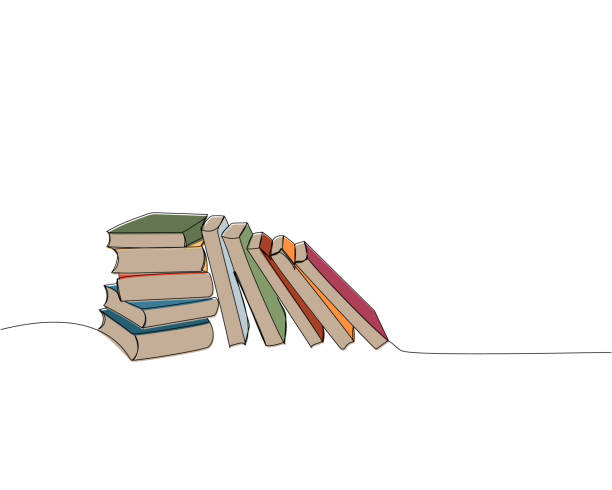 książki leżą na półce w jednej linii kolorowej grafiki. ciągły rysunek kolorem linii książki, biblioteka, edukacja, szkoła, badanie, literatura, podręcznik, wiedza, umiejętności, czytać, uczyć się, strona, czytanie - book titles shelf library stock illustrations