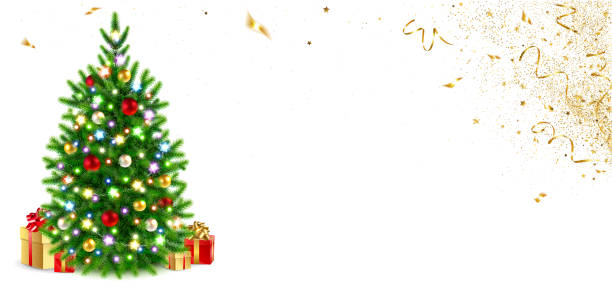 istock Horizontal Banner with Christmas Tree Decorated with Glowing Garlands and Golden Confetti 1816490861