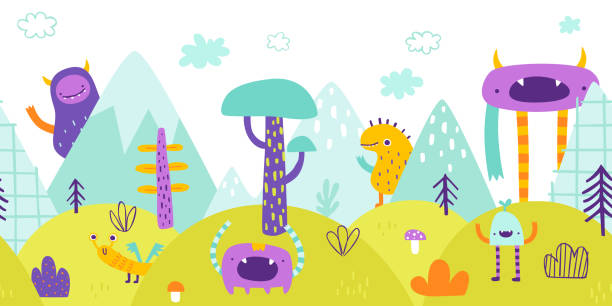 Surreal landscape panorama with colorful monsters. Abstract bottom border with strange creatures. Surreal landscape panorama with colorful monsters. Abstract bottom border with strange creatures. decorative art stock illustrations
