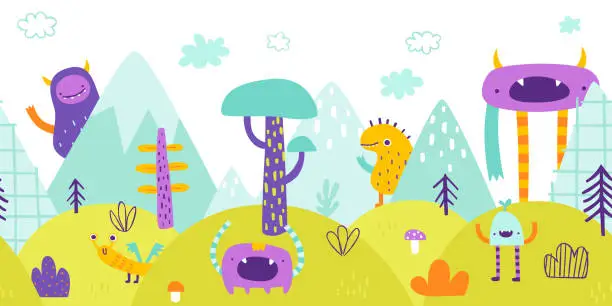 Vector illustration of Surreal landscape panorama with colorful monsters. Abstract bottom border with strange creatures.