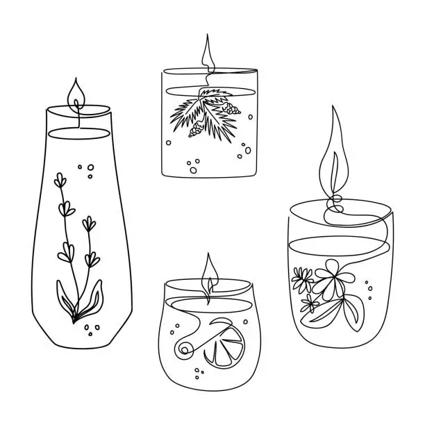 Vector illustration of Set of different aroma candles drawn one line. Sketch. Continuous line drawing art. Creative vector illustration in minimalist style.
