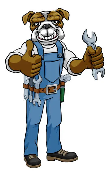 Vector illustration of Bulldog Plumber Or Mechanic Holding Spanner