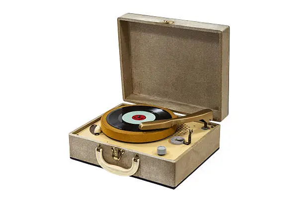 Little retro record player isolated with clipping path.