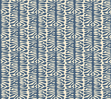 Ticking climbing groovy coral algae foliage in stripes in soft pastel blue and cream colors,  botanical funky seamless repeat pattern design in beach house coastal chic style